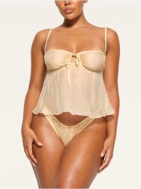 Sheer Satin-Trim Babydoll Set in Champagne